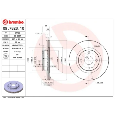 Abbildung von BREMBO 09.7826.10 Bremsscheibe 257 24 4 innenbelüftet MAZDA: 323 F 6, FAMILIA 6
