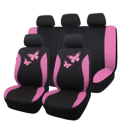 Abbildung von Flying Banner Autositzbezüge aus atmungsaktivem Netzstoff, buntes Schmetterlings Offset Druckmuster, Airbag kompatibel, vollständiges Set, Rosa