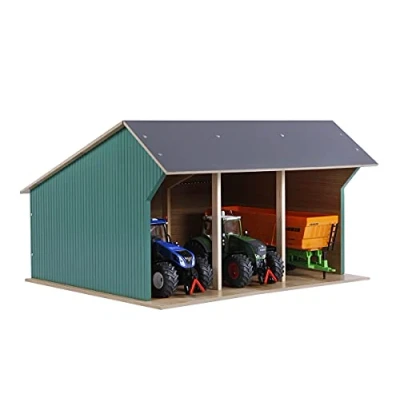 Abbildung von Kids Globe Schuppen Holz, für DREI Fahrzeuge/Anhänger Spielzeug Geräteschuppen Lagerhalle, Maßstab 1:32, Holzbauernhof, Holzstall, Bauernhof 610193