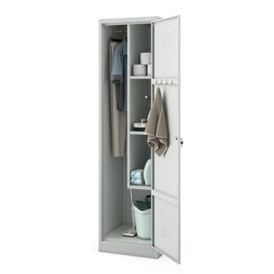 Abbildung von Jan Nowak Besenschrank Haushaltsschrank Metall Agnes 50 x 185 cm Mehrzweckschrank mit Regale und Kleiderstange Schloss, Belüftung Putzschrank Schmal Breit Grau