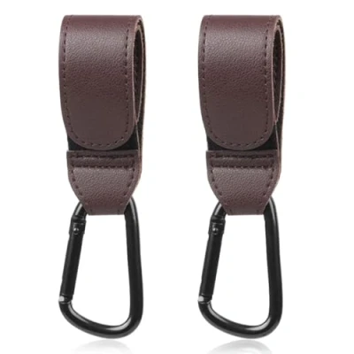 Abbildung von Shabany® Haken 2 Stück universelle Passform Halterung Universalhaken Kinderwagenhaken Taschenhaken verstellbar robust Klettverschluss Taschenhalter Karabinerhaken rotbraun