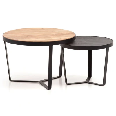 Abbildung von Couchtisch 2er Set Rund Holz / Steinoptik Wohnzimmertisch Satztisch