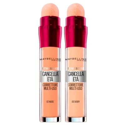 Abbildung von 2x Maybelline New York Age Erasing Liquid Concealer in den Farben 00 Ivory und 02 Nude mit Goji Beeren Haloxyl