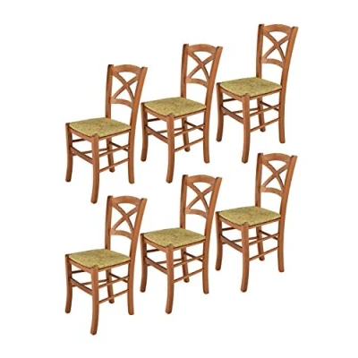 Abbildung von t m c s Tommychairs 6er Set Stühle Cross für Küche und Esszimmer, Robuste Struktur aus lackiertem Buchenholz im Farbton Kirschholz Sitzfläche Stroh