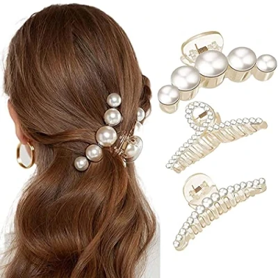 Abbildung von 3 Stück Perlen Haarspangen Damen Haarnadeln Strass Federn Haarklammern Gold Mode Vintage Haar Pins Spangen Clips Haarclips Hochzeit Haarschmuck Set für Frauen Braut Mädchen (Gold)