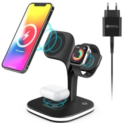 Abbildung von Wisam 5 in 1 MagSafe 15W QI Schwarz für Airpods Watch iPhone Ladestation (Stück, Magnetisch)