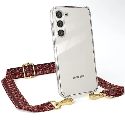 Abbildung von EAZY CASE Handykette Verstellbarer Trageriemen kompatibel mit Samsung Galaxy S23 Plus, Schulterriemen, Festivalbag transparentem Cover, zum Umhängen, Rot/Braun Schnalle Gold