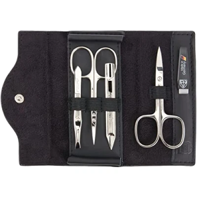 Abbildung von DREI SCHWERTER Germany 5 tlg. Maniküre Set &#039;Anzio III&#039; Nagelpflegeset in Echt Leder Etui schwarz Inhalt: Nagelschere, Hautschere, Pinzette, Saphirnagelfeile, Nagelreiniger