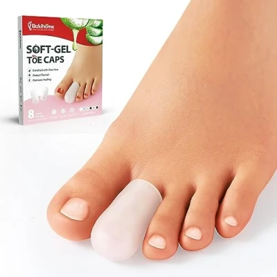 Abbildung von Bukihome kleine Gel Zehenschützer 8er Pack Zehenmanschetten mit Aloe Vera Extrakt Silikon Zehenkappen und Zehenschutz für Hühneraugen, Hornhaut, Blasen, eingewachsene Zehennägel, Hammerzehen