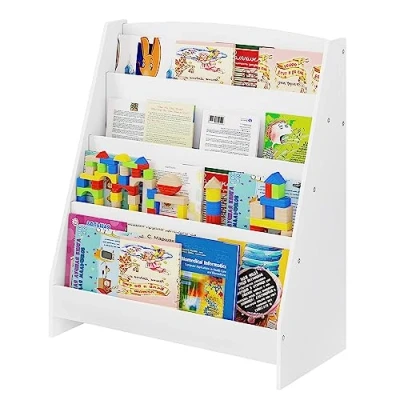Abbildung von Lestarain Kinderregal mit 4 offenen Fächer, Bücherregal Aufbewahrungsregal für Kinder, Standregal, Kinderzimmerregal aus MDF, Kippsicherung, Weiß