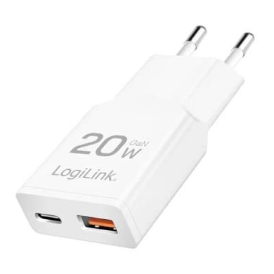 Abbildung von LogiLink USB Wall Charger, GaN, 2port, AF &amp; CF, PD 20W, slim, white