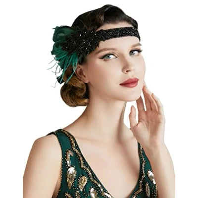 Abbildung von BABEYOND Damen 1920er Feder Stirnband 20er Jahre Stil Flapper Charleston Haarband Great Gatsby Fasching Kostüm Accessoires Dunkelgrün