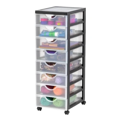 Abbildung von Iris Ohyama Kunststoff Schubladenbox mit Rollen, 8 flachen Schubladen, Schwarz, Griffe zum Ziehen, Für Schlafzimmer, Schule &amp; Büro, BPA frei, Schubladenschrank, Rollcontainer, A4 Drawer, DDDC 380
