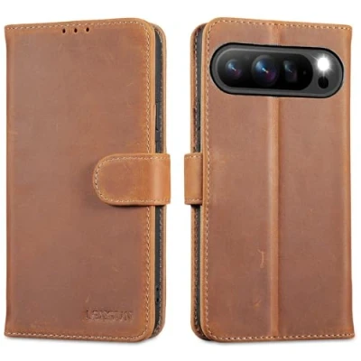 Abbildung von LENSUN Echtleder Hülle für Google Pixel 9/9 Pro, Handyhülle [Echtes Leder][RFID][Standfunktion] Handytasche Lederhülle 9/Pixel 9 Pro 5G Vintage Braun