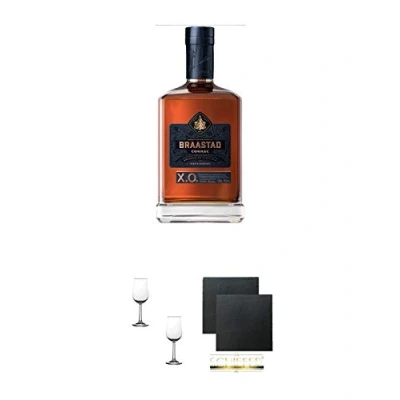 Abbildung von Braastad Cognac XO 1,0 Liter + Nosing Gläser Kelchglas Bugatti mit Eichstrich 2cl und 4cl 2 Stück Schiefer Glasuntersetzer eckig ca. 9,5 cm Ø