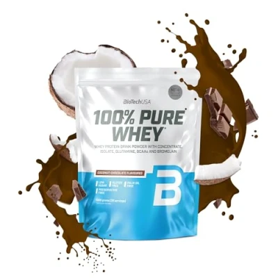 Abbildung von BioTechUSA 100% Pure Whey Proteinpulver mit BCAA und Glutamin Glutenfrei, Palmölfrei 21g Protein pro Portion, 1 kg, Kokosnuss Schokolade