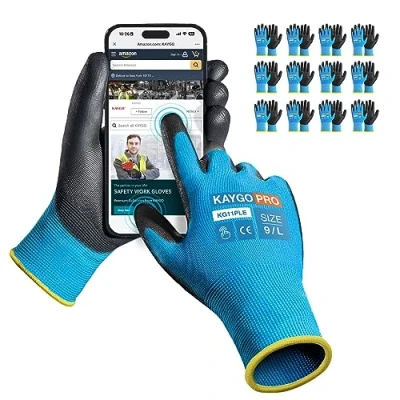 Abbildung von KAYGO 12 Paar Arbeitshandschuhe Touchscreen PU beschichtet Schutzhandschuhe, antirutsch Griff an Handflächen und Fingern, Geeignet für DIY allgemeine Arbeit Gartenarbeit (Blau, L, Gr 9)