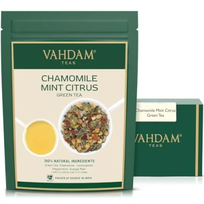Abbildung von VAHDAM, Chamomile Mint Citrus Green Tea (100g) 100% Natürlicher Loser Tee Grüner Tee, Kamillenblüten, Pfefferminze, Minze, Orangenschalen, Kamillentee Direkt Von Der Quelle In Indien