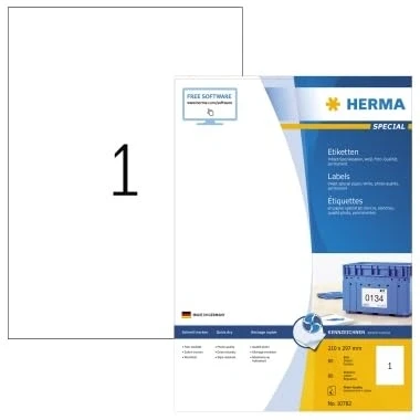 Abbildung von HERMA 10782 Universal Etiketten für Inkjet Drucker, 80 Blatt, 210 x 297 mm, 1 pro A4 Bogen, Stück, selbstklebend, bedruckbar, matt, blanko Klebeetiketten Aufkleber Tintenstrahldrucker, weiß