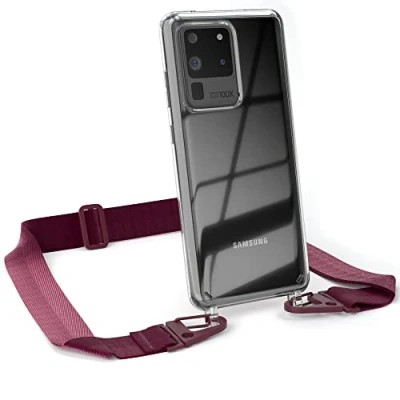 Abbildung von EAZY CASE Hülle mit Band kompatibel Samsung Galaxy S20 Ultra / 5G Handyhülle Umhängeband Silikonhülle Transparent Schutzhülle Handykette zum Umhängen Handykordel Smartphone Rot Dunkel