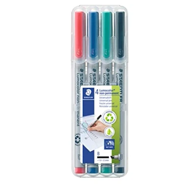 Abbildung von STAEDTLER Universalstift Lumocolor non permanent, breite Keilspitze ca. 1,0 2,5 mm, feucht abwischbar, für fast alle Oberflächen, 4 Folienstifte in sortierten Farben, 312 WP4