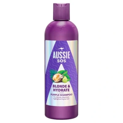 Abbildung von Aussie SOS Blonde &amp; Hydrate Violettes Shampoo, 300 ml, für gebleichtes Haar, mit Strähnen und grauem neutralisiert Kupfer Gelbtöne auf blondem grauen Haaren, mehr Glanz