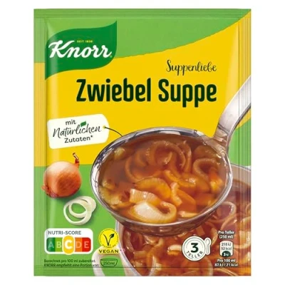 Abbildung von Knorr Feinschmecker Suppe leckere Zwiebelsuppe ohne geschmacksverstärkende Zusatzstoffe und Farbstoffe mit nachhaltig angebauten Zwiebeln 14 x 3 Teller