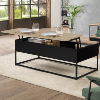 Abbildung von IDMarket Couchtisch, schwarz, Tischplatte in Buchenoptik, Boston Industrielles Design