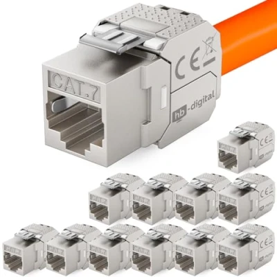 Abbildung von hb digital 12x CAT 7 Keystone RJ45 Modul Buchse für LAN Kabel 10 Gbit/s bis 600 MHz AWG 22 24 werkzeuglos LSA vollgeschirmt STP Einbaubuchse Patchpanel und Netzwerkdose