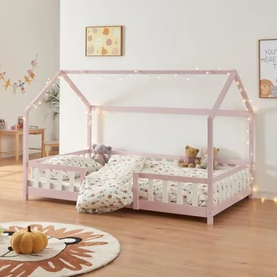 Abbildung von [en.casa] Kinderbett Sisimiut Hausbett 140 x 200 cm mit Rausfallschutz Holzbett für Kinder Bodenbett Lattenrost Kiefernholz Rosa/Weiß