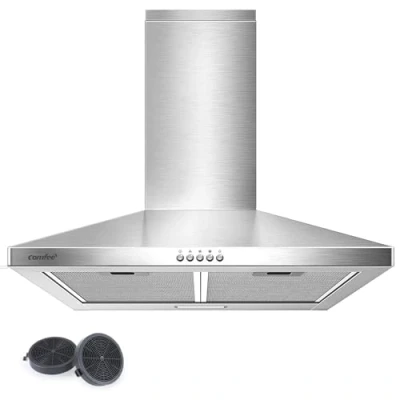 Abbildung von COMFEE&#039; CHT 3.6B Dunstabzugshaube 60cm Umluft &amp; Abluft, Wandhaube mit Aktivkohlefilter, 400m3/h Luftstrom, 5 Schichten Waschbarer Fettfilter, 3 Stufen, Einstellbarer Kamin, 1 LED Licht, Silver
