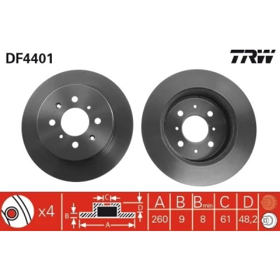 Abbildung von TRW Bremsscheibe HONDA: Civic 7 Coupe, Limousine 9mm 4 100mm voll lackiert DF4401 42510S5A000,42510S5AA00,42510S5HT00 Bremsscheiben