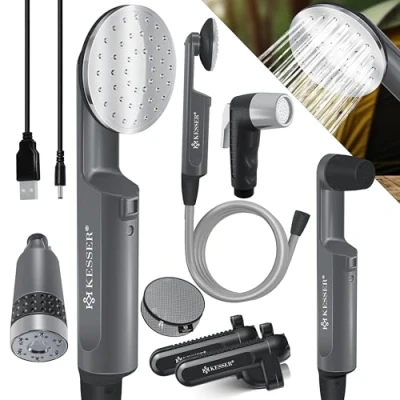 Abbildung von KESSER® Campingdusche mit Akku Tauchpumpe Handbrause 2X 2200mAh Lithium Akku, USB Ladekabel, für Camping Garten Auto Outdoor, Hundedusche, Autoreinigung, Inkl. Tragetasche, Anthrazit/Schwarz