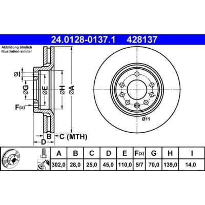 Abbildung von ATE 24.0128 0137.1 Bremsscheibe 302,0 28,0 5 110,0 Belüftet beschichtet hochgekohlt mit Schrauben OPEL: Signum CC, Vectra C Caravan, CC