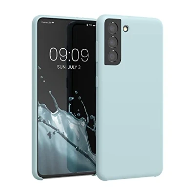Abbildung von kwmobile Hülle kompatibel mit Samsung Galaxy S21 Silikon Handy Case Handyhülle weiche Oberfläche kabelloses Laden Cool Mint