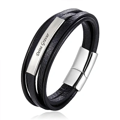 Abbildung von COW Style Personalisiertes Lederarmband Herren mit Namen oder Datum Armband Gravur Geschenk zum Vatertag Männerarmband für Papa