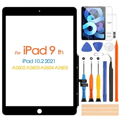 Abbildung von Touchscreen für iPad 9 2021 Gen 10,2 Zoll A2602 A2603 A2604 A2605 Digitizer 9th 9. Ersatz Bildschirm Glazed Panel mit Reparatur Set, ohne Home Taste (Schwarz)