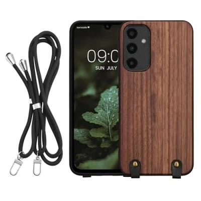 Abbildung von kwmobile Necklace Case kompatibel mit Samsung Galaxy A25 Hülle Holz TPU Cover Handykette Band Handyhülle Dunkelbraun