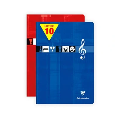 Abbildung von Clairefontaine 3117C Packung mit 10 Notenheften, ideal für Musikunterricht, DIN A4 21x29,7 cm, 24 Blatt, französische Lineatur Notenzeilen, 90g, farbig sortiert, 1 Pack