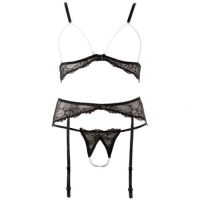 Abbildung von Abierta Fina Set: Bügelloser BH Dessous Set mit Perlen: BH, String und Strumpfhalter schwarz
