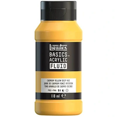 Abbildung von Liquitex 8870383 Basics Fluid Acrylfarbe mit fließender Konsiszenz, schnell trocknend, lichtecht, wasserfest, auf Wasserbasis, 118ml Flasche Kadmiumgelb Dunkel Farbton