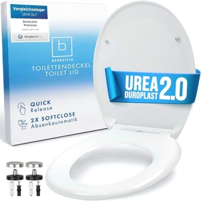 Abbildung von Benkstein WC Sitz Premium Toilettendeckel antibakteriell oval weiß, Duroplast Klodeckel mit Quick Release Funktion und Absenkautomatik