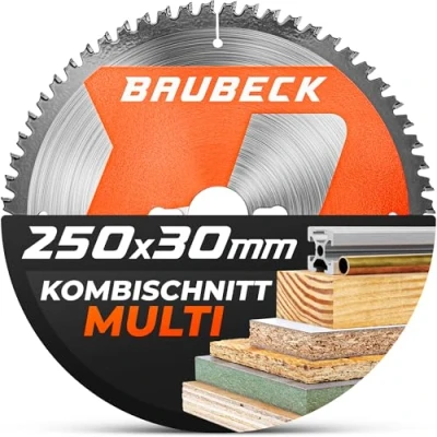 Abbildung von BAUBECK Sägeblatt 250x30 +16/20/25.4mm Reduzierringe, 48Z, 2.5mm Schnitt in Holz &amp; Alu für Kapp Tischkreissägen, wie Metabo KGS 216M, Bosch GTS 635 216, GCM 8 SJL Kreissägeblatt 250
