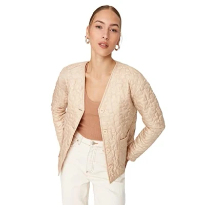 Abbildung von TRENDYOL Damen Regular Zweireihig Plain Webstoff Winterjacke Coat, Beige, S
