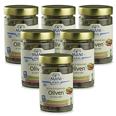 Abbildung von MANI Bio Grüne &amp; Kalamata Oliven al naturale mit Chili 205 g