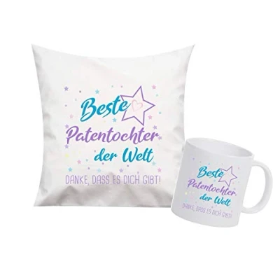 Abbildung von ShirtInStyle, Geschenkset, beste Patentochter der Welt, danke das es dich gibt! Kissen und Tasse als Set Farbe weiß