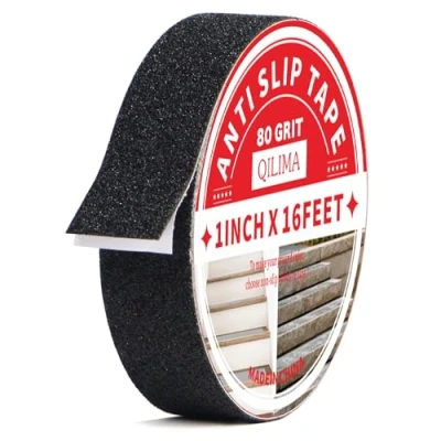 Abbildung von QILIMA Antirutsch Klebeband Streifen mit Selbstklebend, 2.5cm x 5m Treppe Stufen Band Kleber Rutschfest Klebeband, Hohe Traktion Pad für Bodenbelag innen und Außenbereich, Schwarz