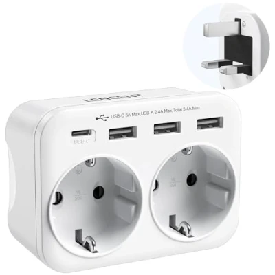 Abbildung von LENCENT Reiseadapter UK Deutschland Stecker, Typ G Steckdose, Reisestecker mit 1 USB C&amp;3 A Ports, Doppelte EU Schuko auf für England, Großbritannien, Schottland, Irland, Malediven Stckdosen