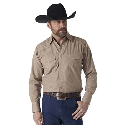 Abbildung von Wrangler All Terrain Gear by Herren Hemd mit Zwei Taschen, langärmelig, Druckknöpfen, Dunkelbraun, XL