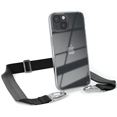 Abbildung von EAZY CASE Hülle mit Band kompatibel iPhone 14 Handyhülle Umhängeband für Silikonhülle Transparent Schutzhülle Handykette zum Umhängen Handykordel Smartphone in Schwarz